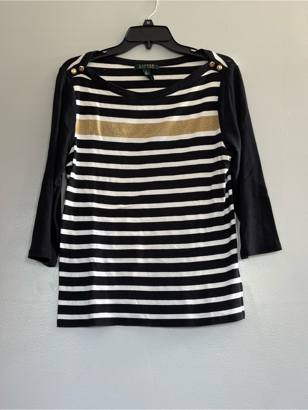 Ralph Lauren Black & White Striped 3/4 Sleeve Top with Gold Accent